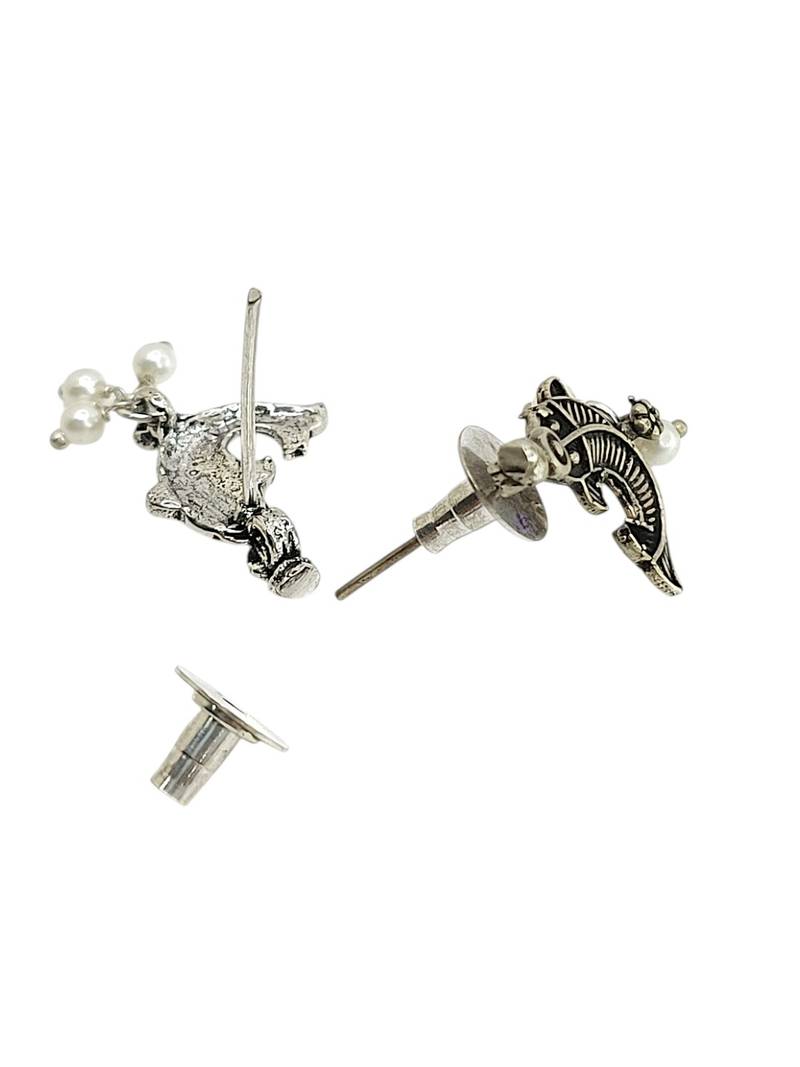 Silver oxidised fish motif invisible jewellery set