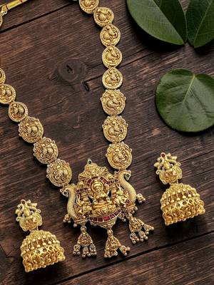 Gold plated temple style long necklace set 1