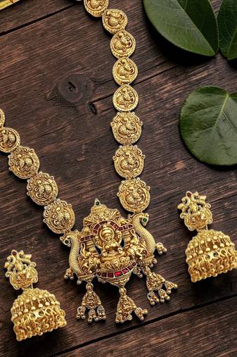 Gold plated temple style long necklace set
