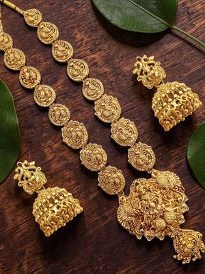 Gold plated temple style long necklace set 1