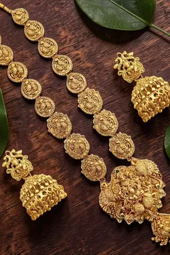 Gold plated temple style long necklace set