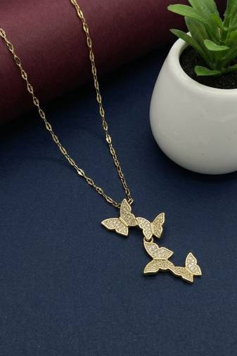 Gold plated cz layered butterfly pendant with chain