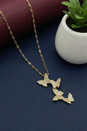 Gold plated cz layered butterfly pendant with chain