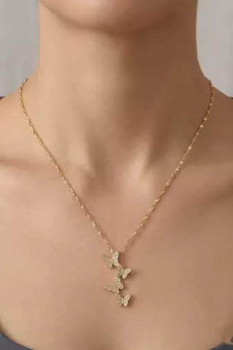 Gold plated cz layered butterfly pendant with chain