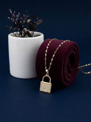 Gold plated cz lock pendant with chain 1
