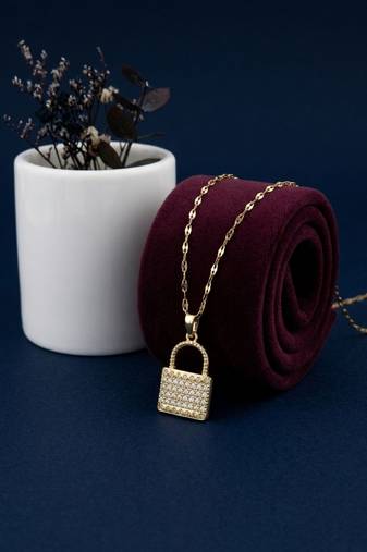 Gold plated cz lock pendant with chain