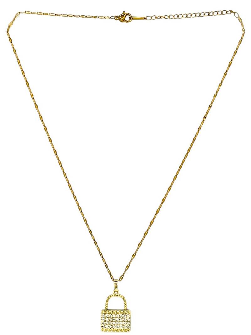 Gold plated cz lock pendant with chain