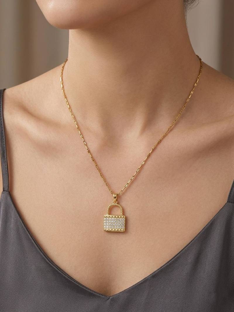 Gold plated cz lock pendant with chain