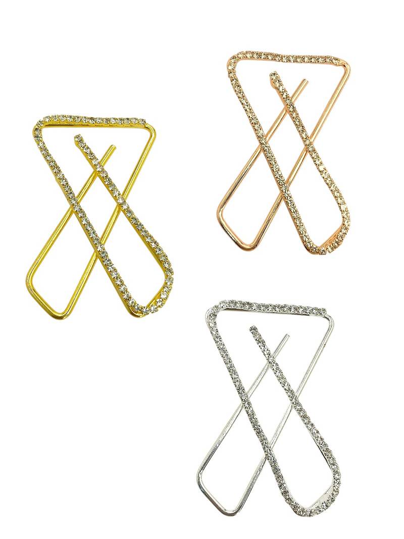 Set of 3 multi toned cz x shape safety saree brooch pin