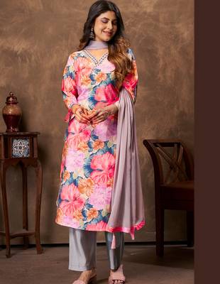 Pink floral print handwork chanderi straight fit pant style salwar kameez set 1