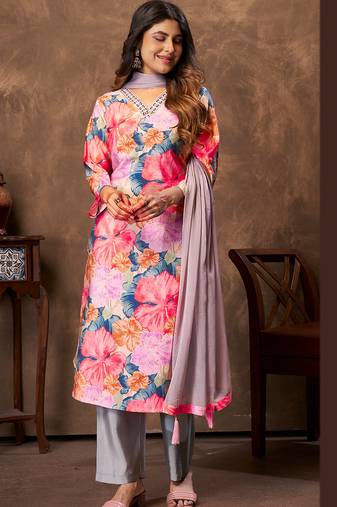 Pink floral print handwork chanderi straight fit pant style salwar kameez set