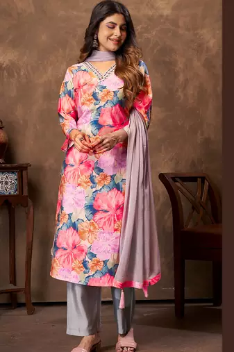 Pink floral print handwork chanderi straight fit pant style salwar kameez set