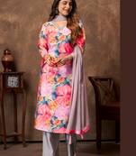 Pink floral print handwork chanderi straight fit pant style salwar kameez set