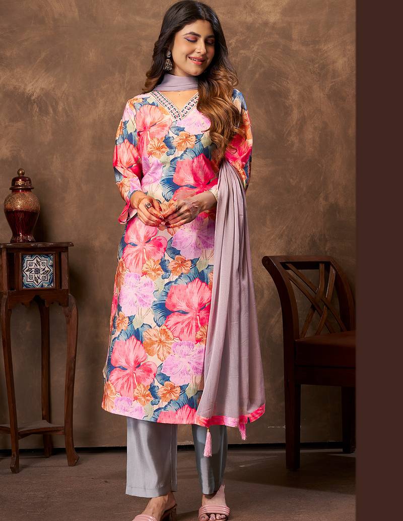 Pink floral print handwork chanderi straight fit pant style salwar kameez set