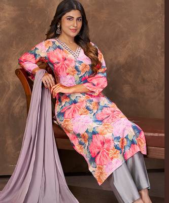 Pink floral print handwork chanderi straight fit pant style salwar kameez set 2