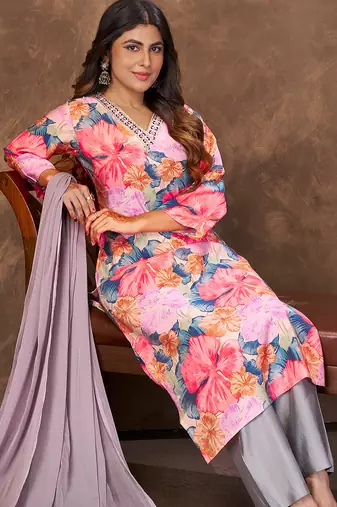 Pink floral print handwork chanderi straight fit pant style salwar kameez set