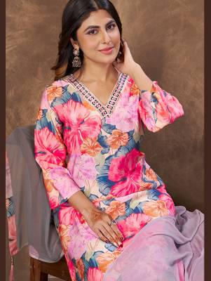Pink floral print handwork chanderi straight fit pant style salwar kameez set 3