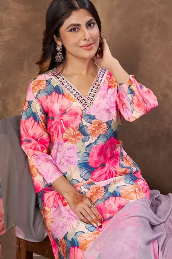 Pink floral print handwork chanderi straight fit pant style salwar kameez set