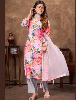 Pink floral print handwork chanderi straight fit pant style salwar kameez set 4