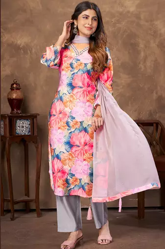 Pink floral print handwork chanderi straight fit pant style salwar kameez set