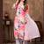 Pink floral print handwork chanderi straight fit pant style salwar kameez set