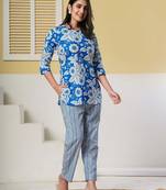 Blue floral printed cotton co-ord set with straight pant for women