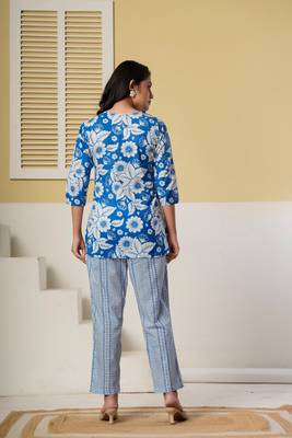 Blue floral printed cotton co-ord set with straight pant for women 2