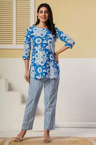 Blue floral printed cotton co-ord set with straight pant for women