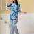 Blue floral printed cotton co-ord set with straight pant for women
