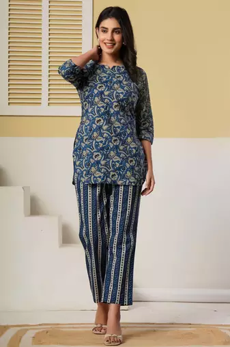 Navy blue floral printed cotton co-ord set with straight pant for women