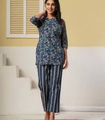 Navy blue floral printed cotton co-ord set with straight pant for women