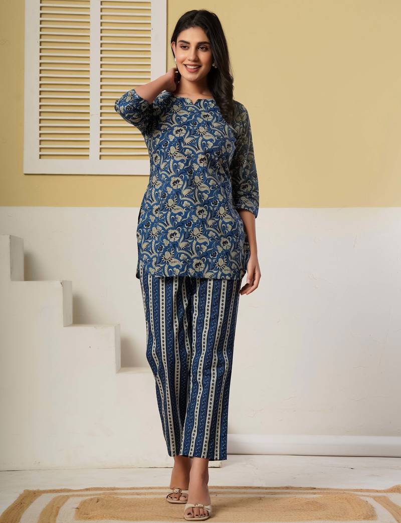 Navy blue floral printed cotton co-ord set with straight pant for women