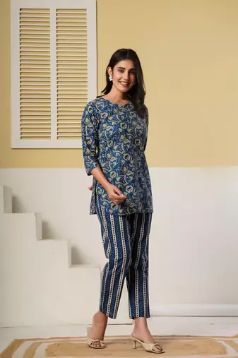 Navy blue floral printed cotton co-ord set with straight pant for women