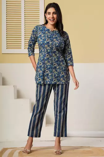 Navy blue floral printed cotton co-ord set with straight pant for women