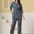Navy blue floral printed cotton co-ord set with straight pant for women