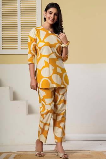 Mustard floral printed cotton co-ord set with straight pant for women