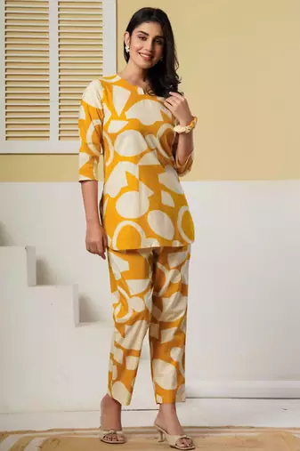 Mustard floral printed cotton co-ord set with straight pant for women
