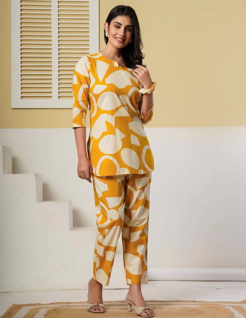 Mustard floral printed cotton co-ord set with straight pant for women
