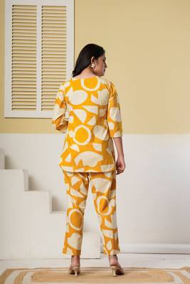 Mustard floral printed cotton co-ord set with straight pant for women 2