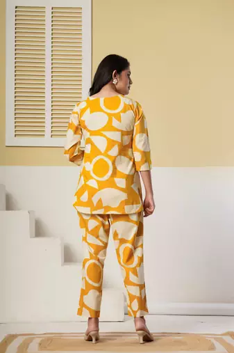 Mustard floral printed cotton co-ord set with straight pant for women