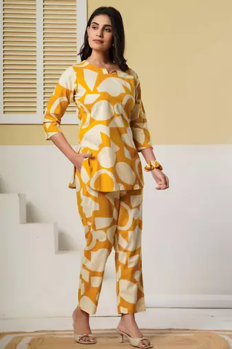 Mustard floral printed cotton co-ord set with straight pant for women
