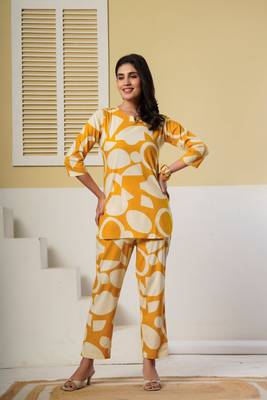 Mustard floral printed cotton co-ord set with straight pant for women 4