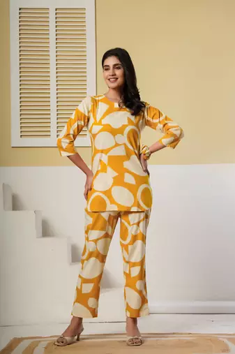 Mustard floral printed cotton co-ord set with straight pant for women