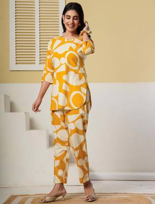 Mustard floral printed cotton co-ord set with straight pant for women 5