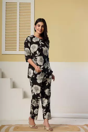 Black floral printed cotton co-ord set with straight pant for women
