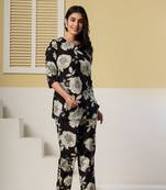 Black floral printed cotton co-ord set with straight pant for women