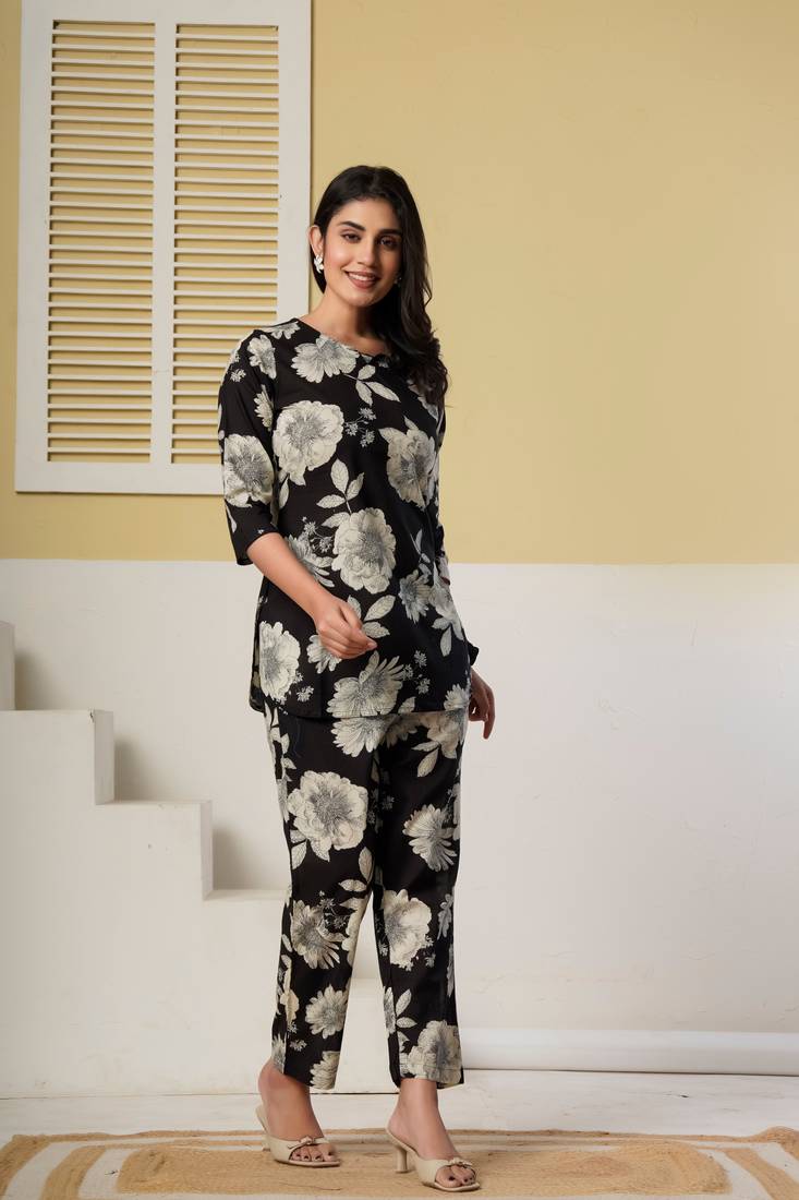 Black floral printed cotton co-ord set with straight pant for women