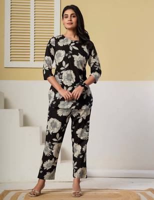 Black floral printed cotton co-ord set with straight pant for women 2