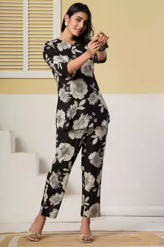 Black floral printed cotton co-ord set with straight pant for women