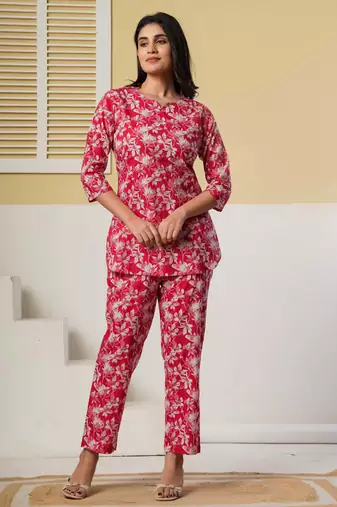 Red floral printed cotton co-ord set with straight pant for women